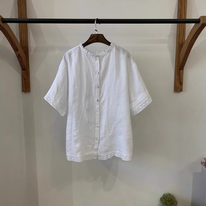 Femme Textured Kortærmet Bluse med Spidsekant Stilla