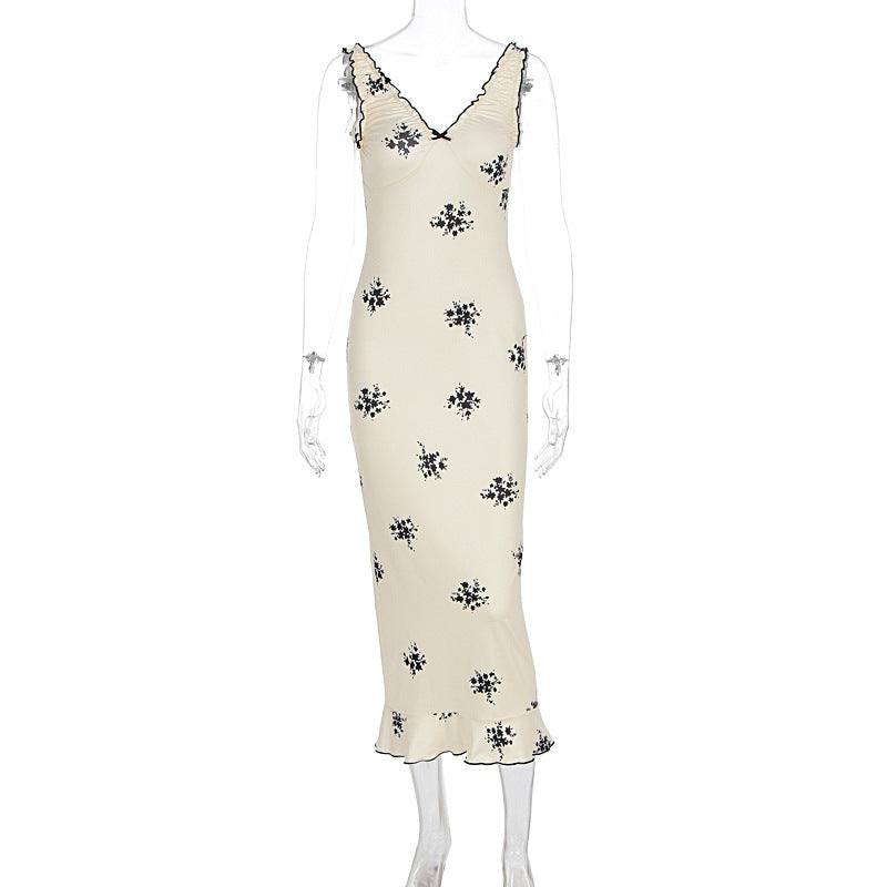 Dame Elegant Maxikjole med blomstermotiv og flæser Skovae