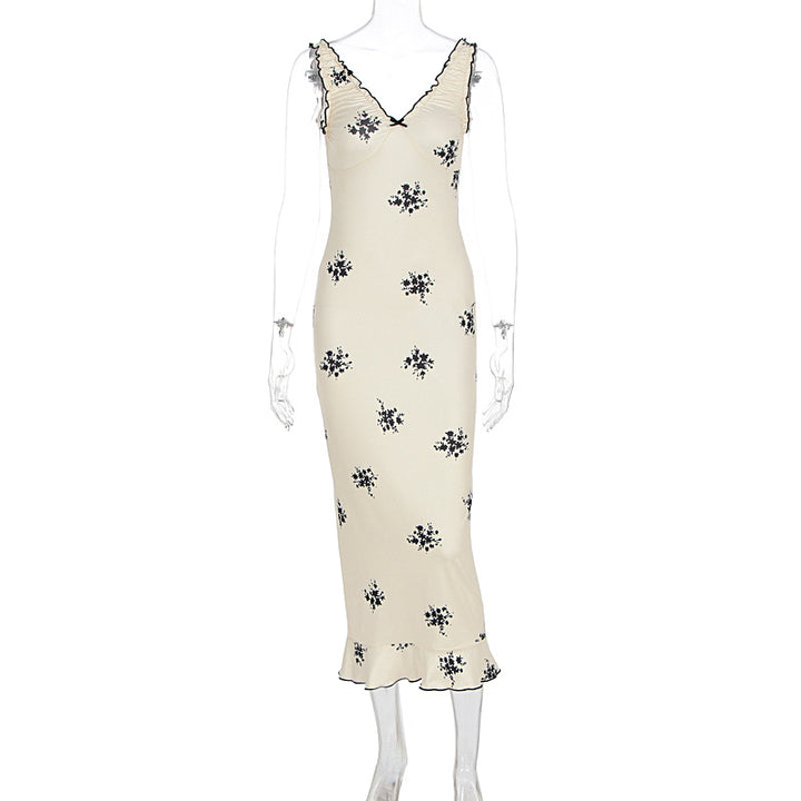 Dame Elegant Maxikjole med blomstermotiv og flæser Skovae