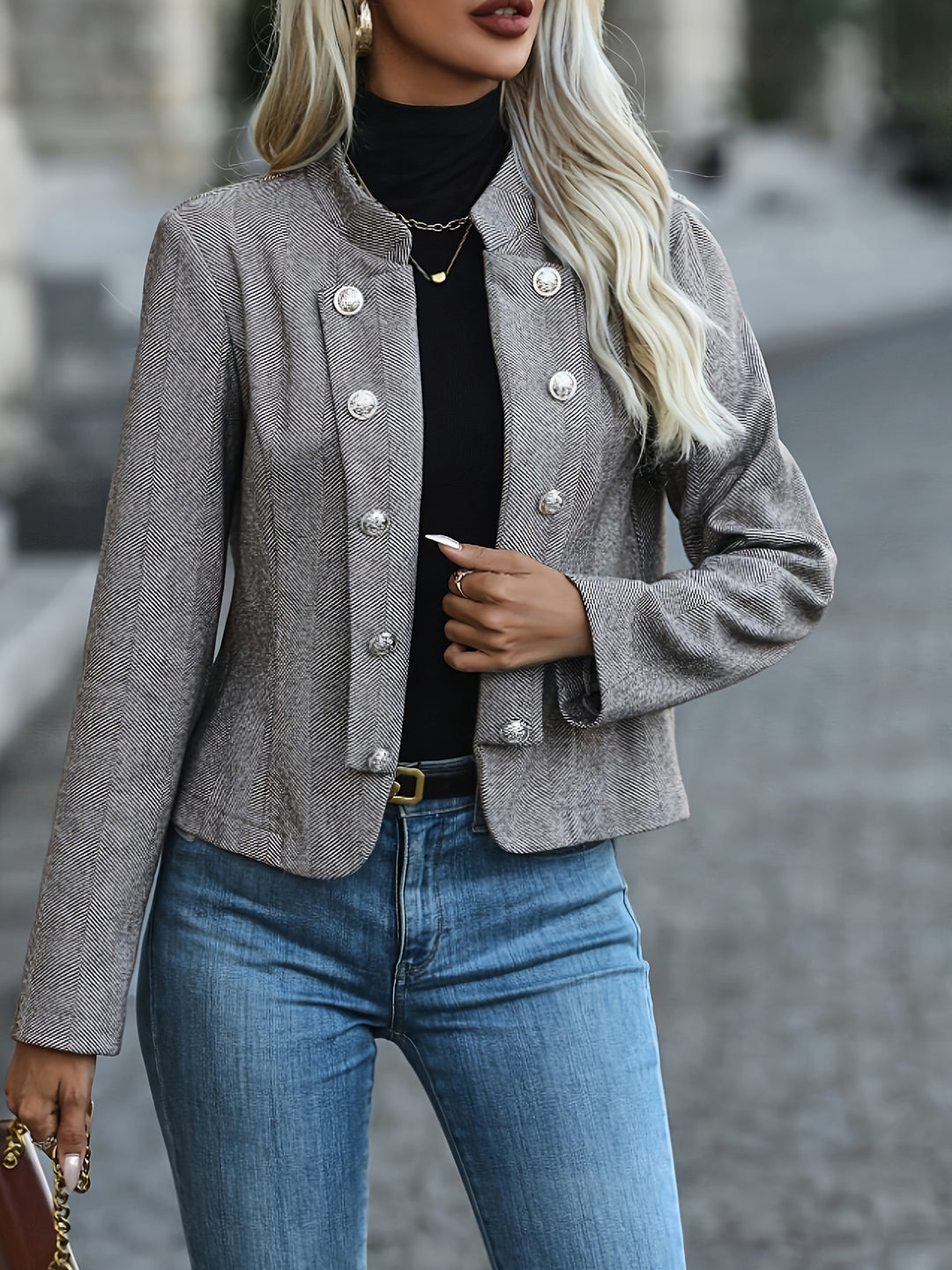 Damer elegant blazerjakke med struktureret houndstooth-mønster og funkende knapper Stilla