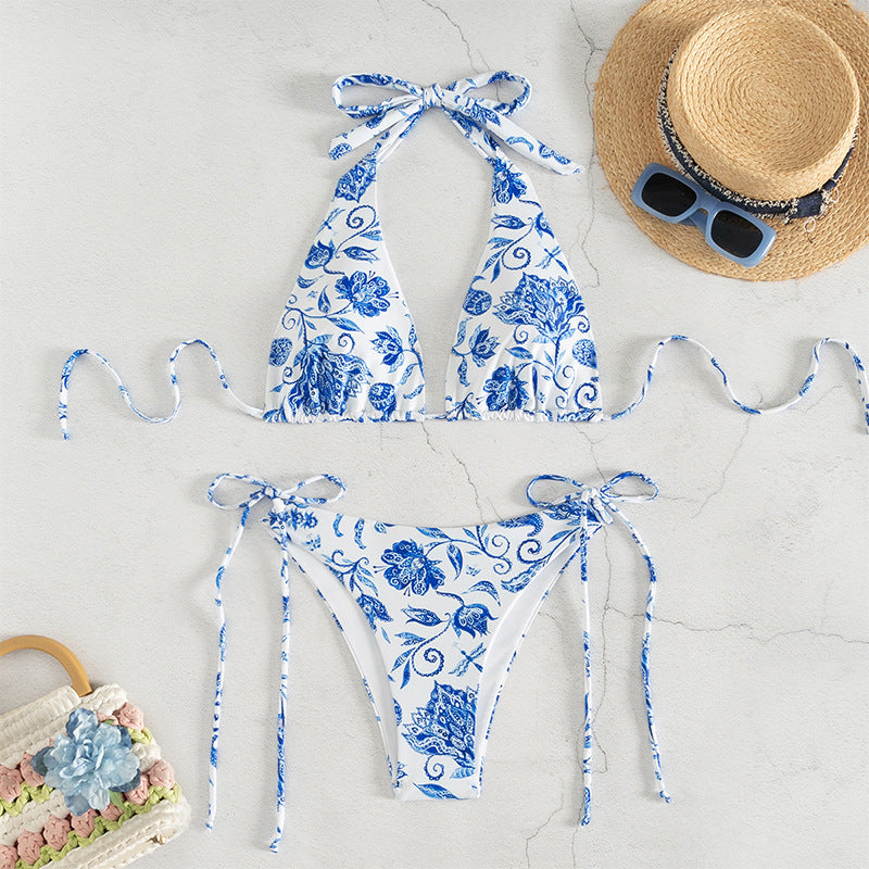 Dame triangel-bikini med blomsterdesign og justerbare bindebånd Skovae