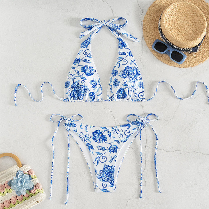 Dame triangel-bikini med blomsterdesign og justerbare bindebånd Skovae