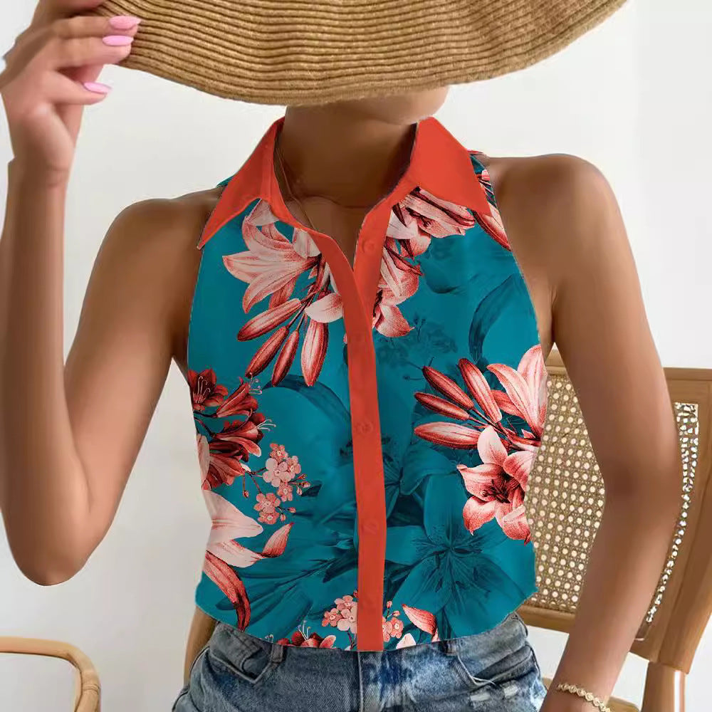 Damebluse med blomsterdesign og krageløs knapstolpe Stilla