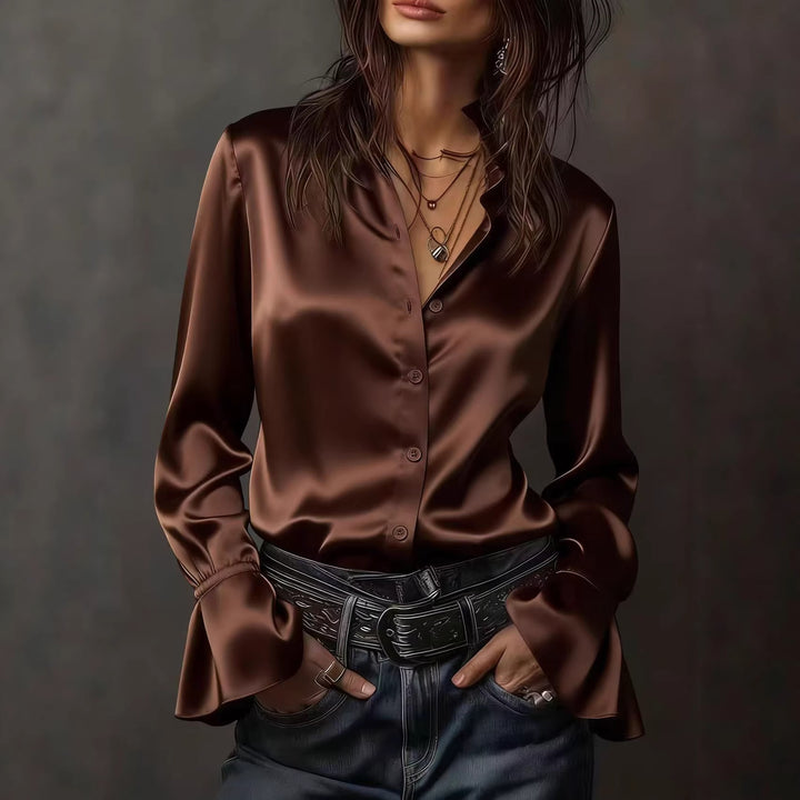 Dame Elegant silke bluse med rynker ved ærmerne Skovae