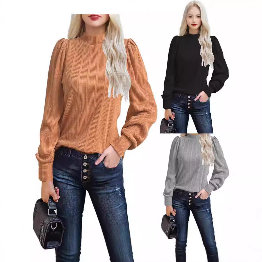 Dame trendy sweater med smal ståkrave og pufærmer Stilla