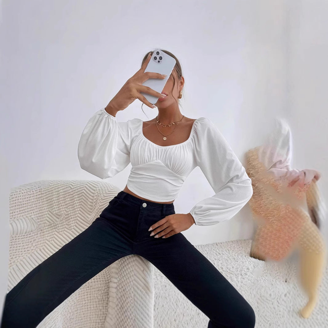 Dame Vedligeholdelsesvenlig Crop-Top med Puffærmer og dekorativ Rynkning Stilla