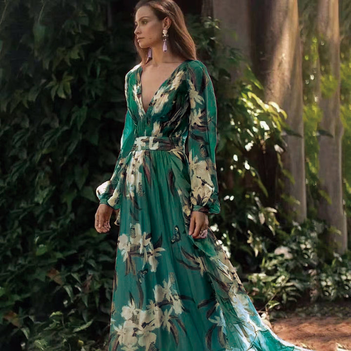 Dame Maxi-kjole med floral design og V-udskæring Stilla