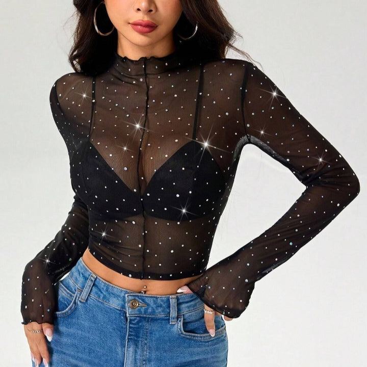 Damer Sexy Crop-Top i gennemsigtigt net med glitrende accenter Skovae