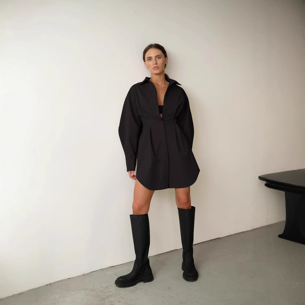 Dame Oversized Skjortekjole med struktureret stof og elegante puffærmer Stilla