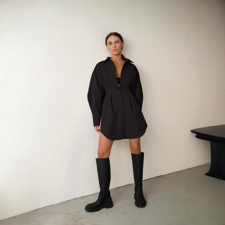 Dame Oversized Skjortekjole med struktureret stof og elegante puffærmer Stilla