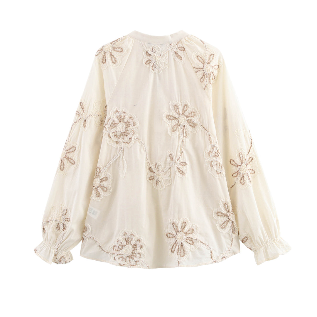 Dame broderet langærmet bluse med frynsedetalje Stilla