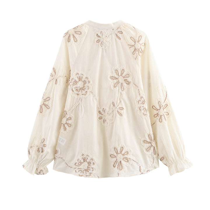 Dame broderet langærmet bluse med frynsedetalje Stilla