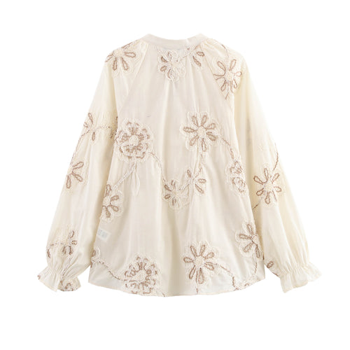 Dame broderet langærmet bluse med frynsedetalje Stilla
