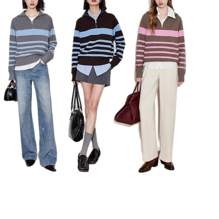 Dame hyggeligt strikket sweater med moderigtig halv-lynlås lukning Stilla