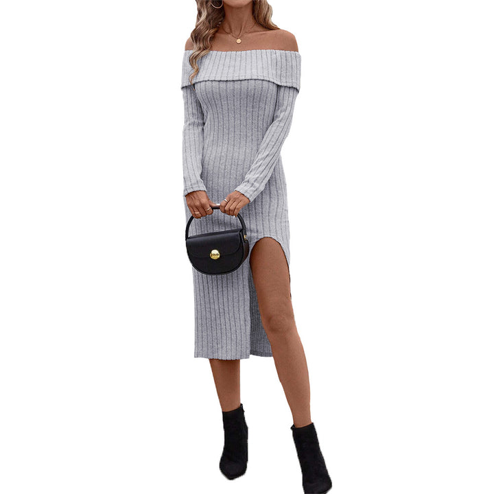Kvinders langærmet maxikjole med off-shoulder design og sidesplit Stilla
