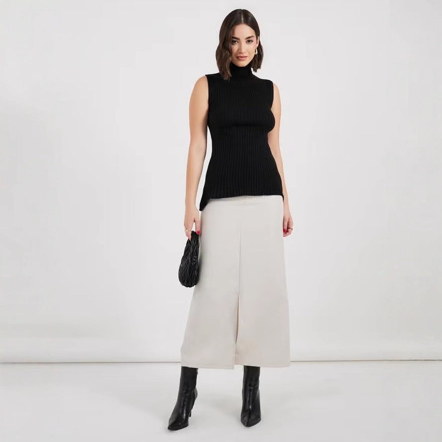 Dame rullekrave sweater uden ærmer med lodret ribmønster Skovae