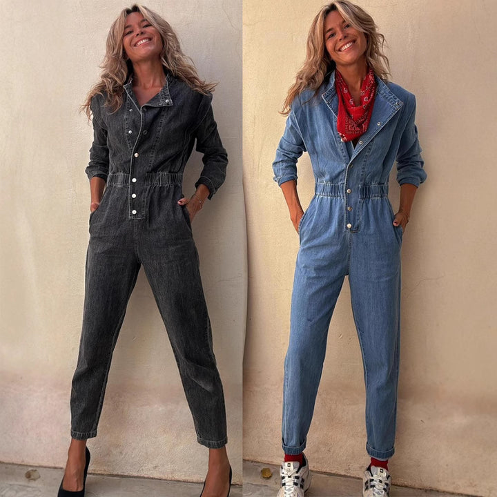 Dame Denim Jumpsuit med figursyede detaljer og praktiske lommer Stilla