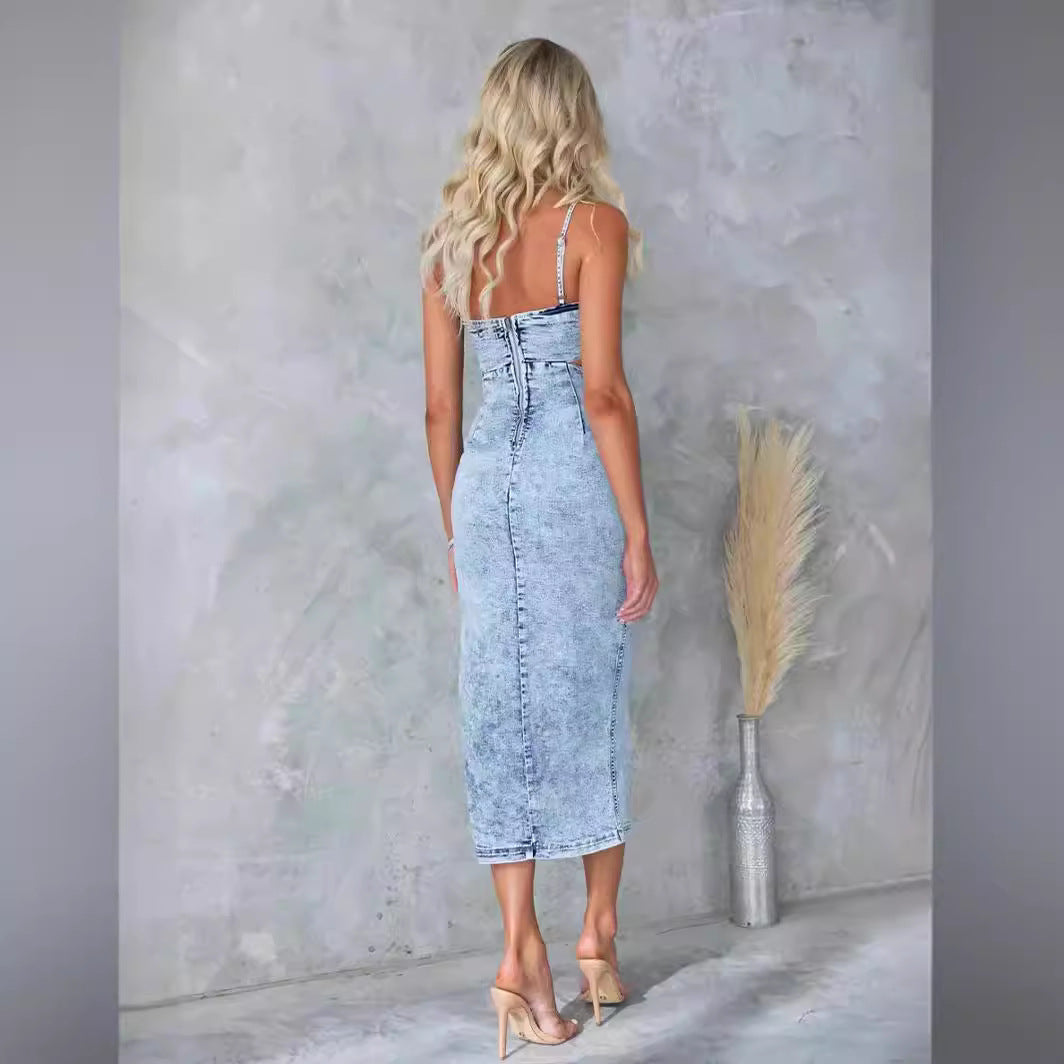 Dame Denim Kjole med dyb udskæring og sideslids Stilla