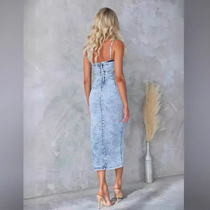 Dame Denim Kjole med dyb udskæring og sideslids Stilla