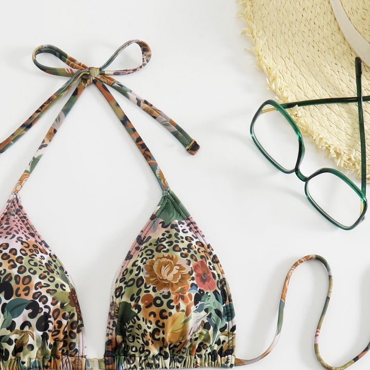Dame triangel-bikini-sæt med blomsterligt leopardmønster Skovae