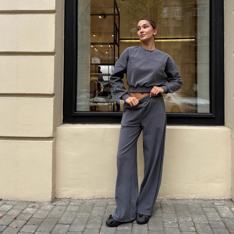 Kvinders sporty top og bukser sæt med elastisk liv og kontrast syninger