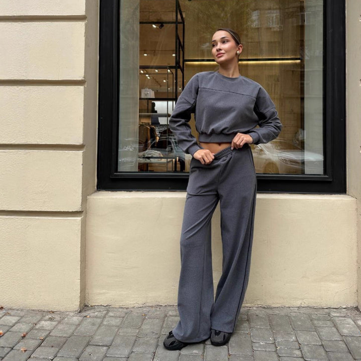 Kvinders sporty top og bukser sæt med elastisk liv og kontrast syninger