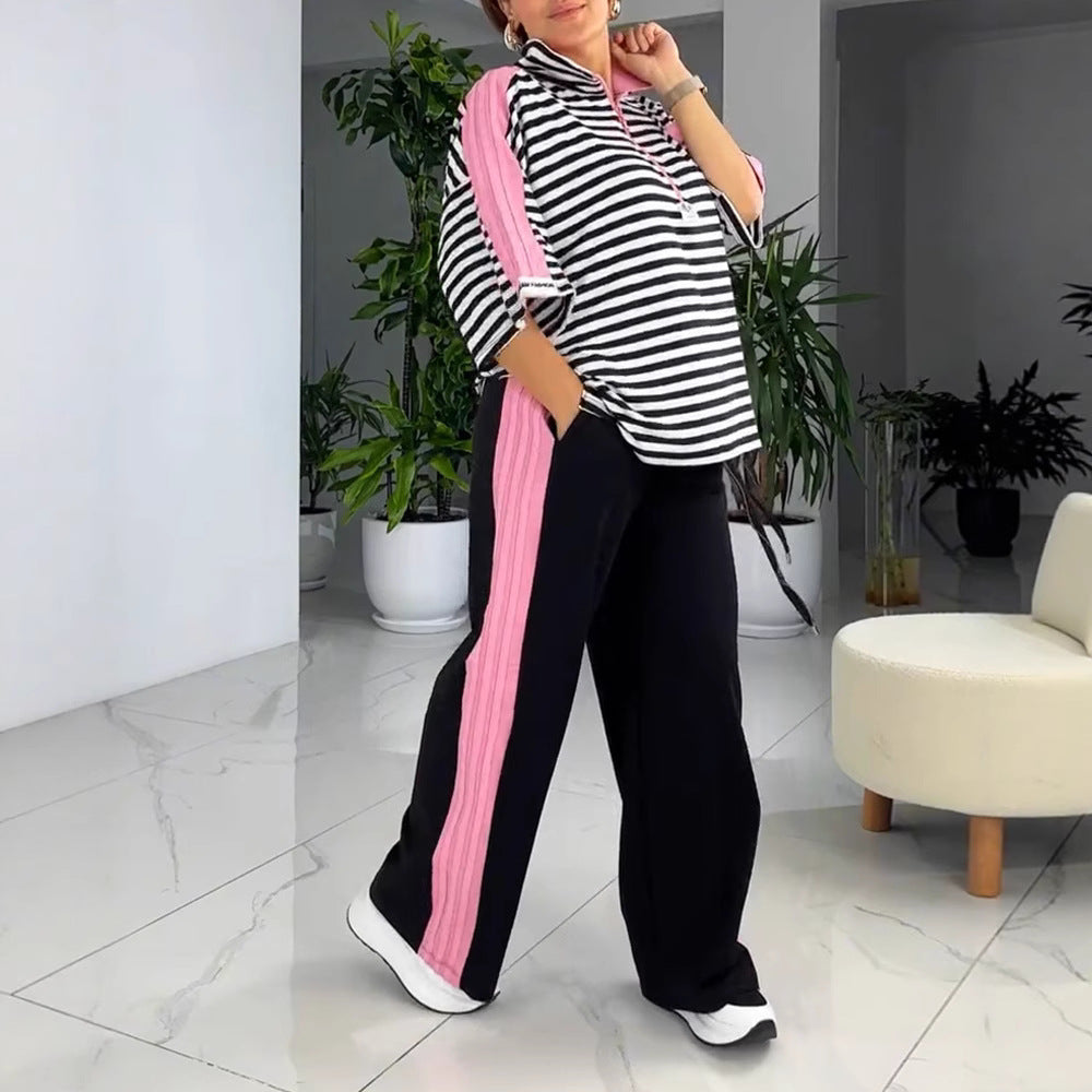 Dame nan lækkert to-delt Polo-Lounge-sæt med oversize-striber, pompom-applikation og kontrasterende sidebaner Skovae