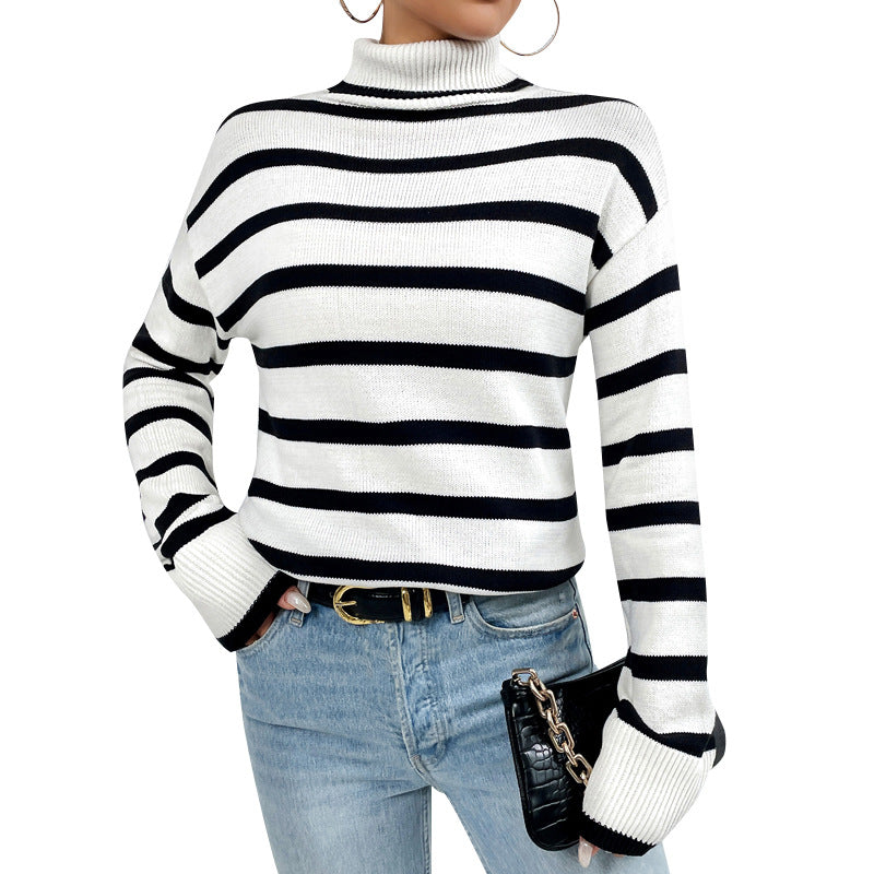 Dame mode rullekrave sweater med brede blokstriber og afslappet snit Stilla