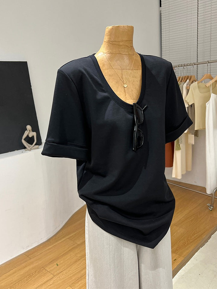 Dame V-udskæring Oversized T-shirt med oprullede ærme-detaljer Stilla