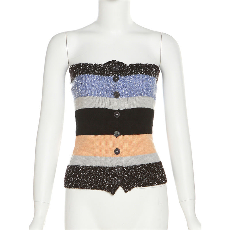 Dame Bandeau-top med farverige striber og dekorative knapper Skovae