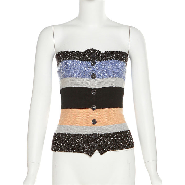 Dame Bandeau-top med farverige striber og dekorative knapper Skovae