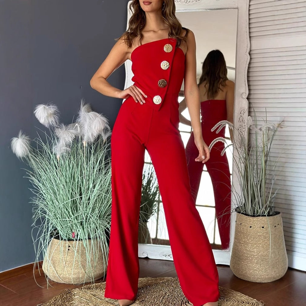 Dame overalls med asymmetrisk snit og dekorative knapper Stilla