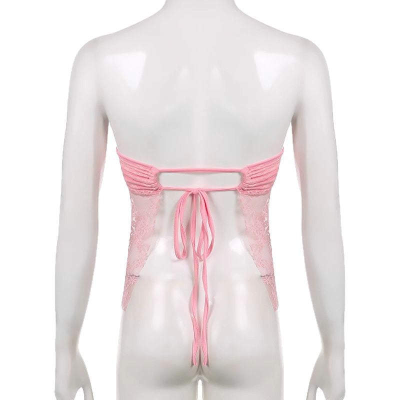 Dame Spids-Crop-Top med elegant Rynkning og transparente Detaljer Skovae