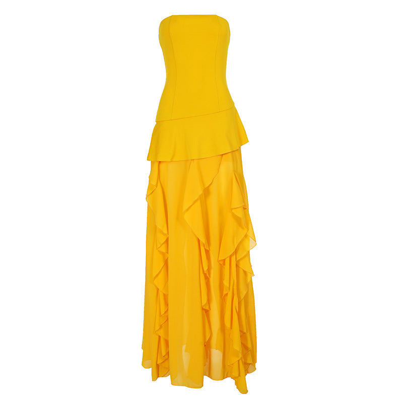 Damen elegantes Maxikleid mit Rüschendetails und figurbetonter Silhouette Skovae