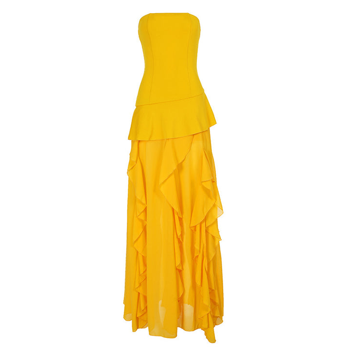 Damen elegantes Maxikleid mit Rüschendetails und figurbetonter Silhouette Skovae