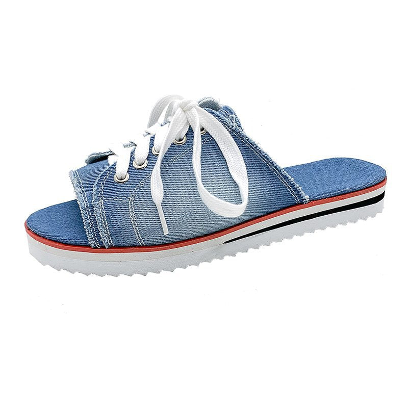 Dame afslappede sneakers-pantoletten med fashionable denim og praktisk snørering Stilla