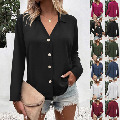 Dame elegant bluse med V-hals og knapdetaljer Stilla