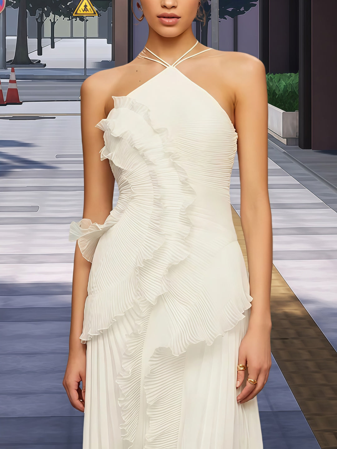 Dame Elegant Wrap Kjole med Flydende Plisseret Nederdel og Asymmetriske Rynkedetaljer
