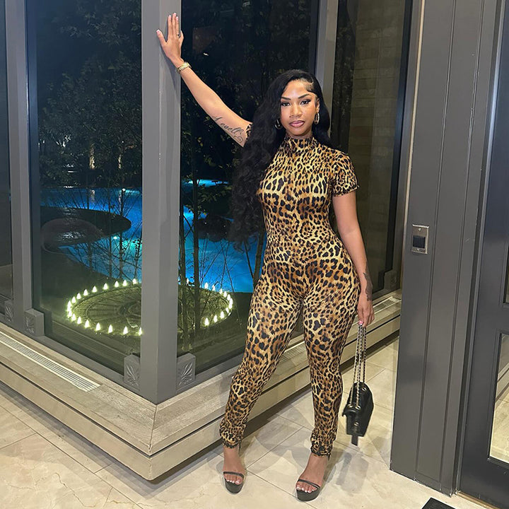Dame Cat Suit med leopardmønster og højhalset krave Stilla