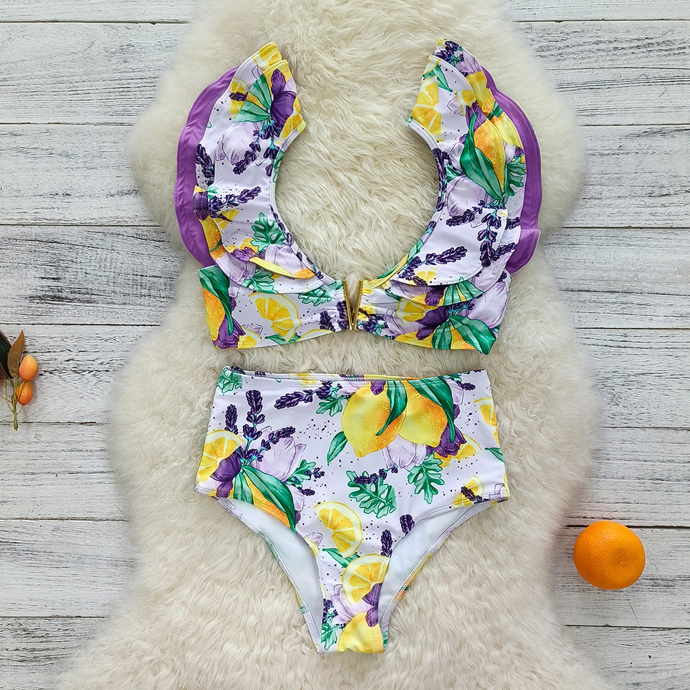 Dame bikini sæt med florale flæse detaljerne og højt skåret bund Stilla