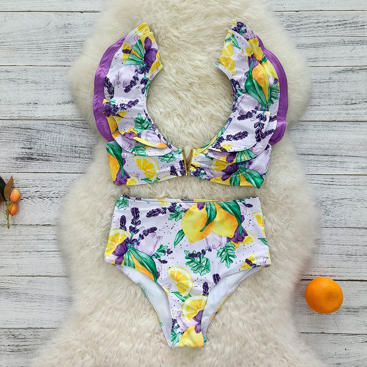 Dame bikini sæt med florale flæse detaljerne og højt skåret bund Stilla