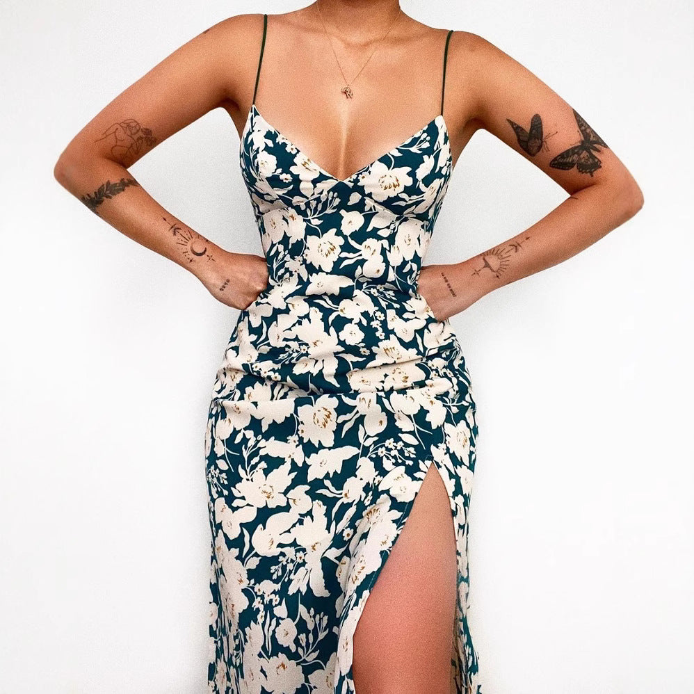 Ladies spaghetti strap maxi dress with floral design and high slit Skovae