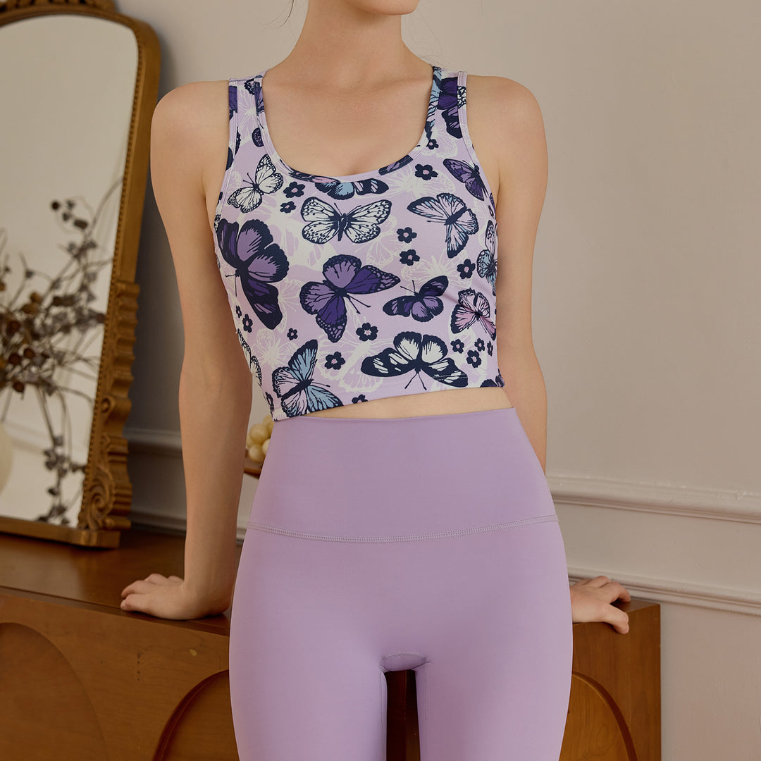 Dame Sporty Crop-Top med farverigt sommerfuglemønster og ergonomisk pasform Stilla
