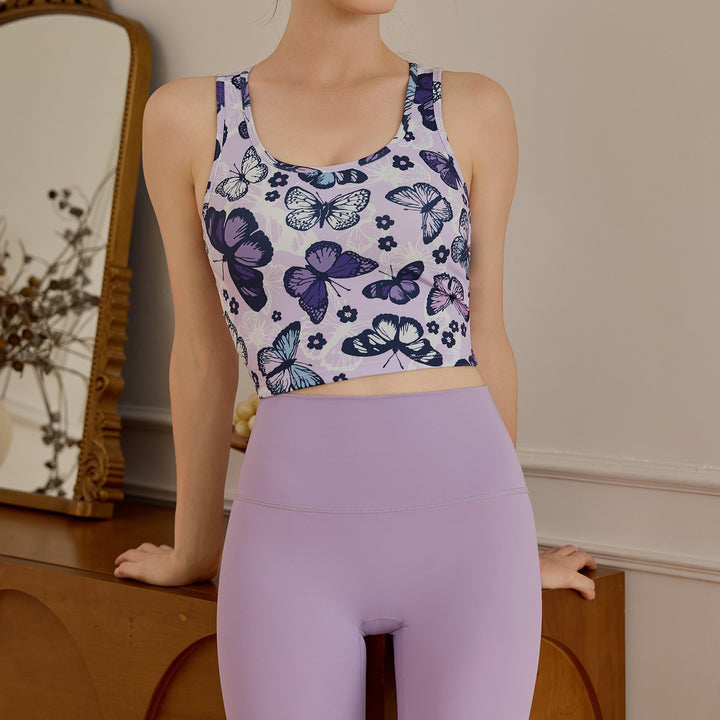 Dame Sporty Crop-Top med farverigt sommerfuglemønster og ergonomisk pasform Stilla