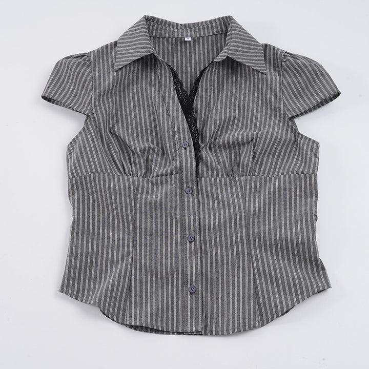 Damen elegantes Blusenshirt mit raffinierten Spitzenakzenten und modischem Streifenmuster Skovae