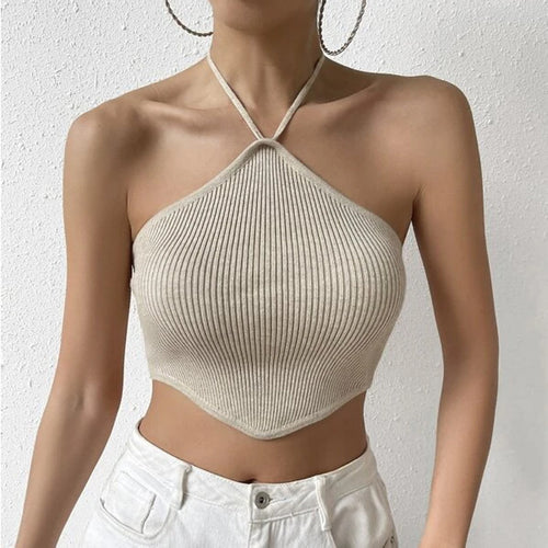 Dame Cropped Top med asymmetrisk halterdesign og fin ribstruktur Stilla
