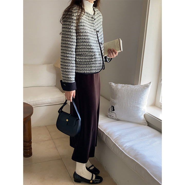 Dame fashionable jakke i tweed look med rund hals Stilla