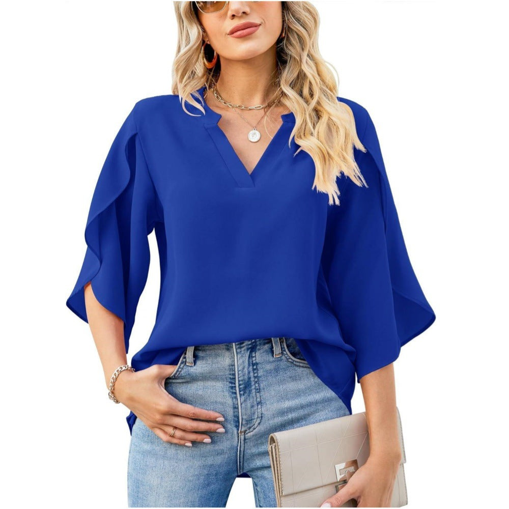 Dame Elegant Bluse med asymmetrisk ærme og V-udskæring Stilla