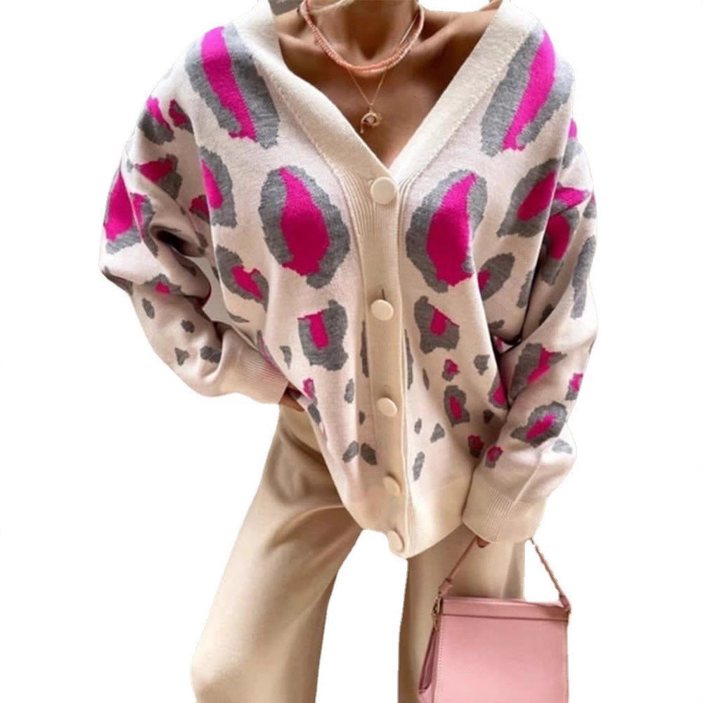 Dame hyggelig Cardigan med farverig Leopardprint Stilla