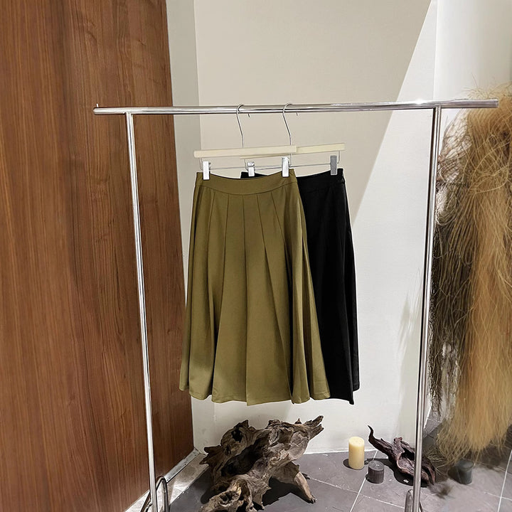 Dame elegant, svingende midi-nederdel med folder og høj talje Stilla